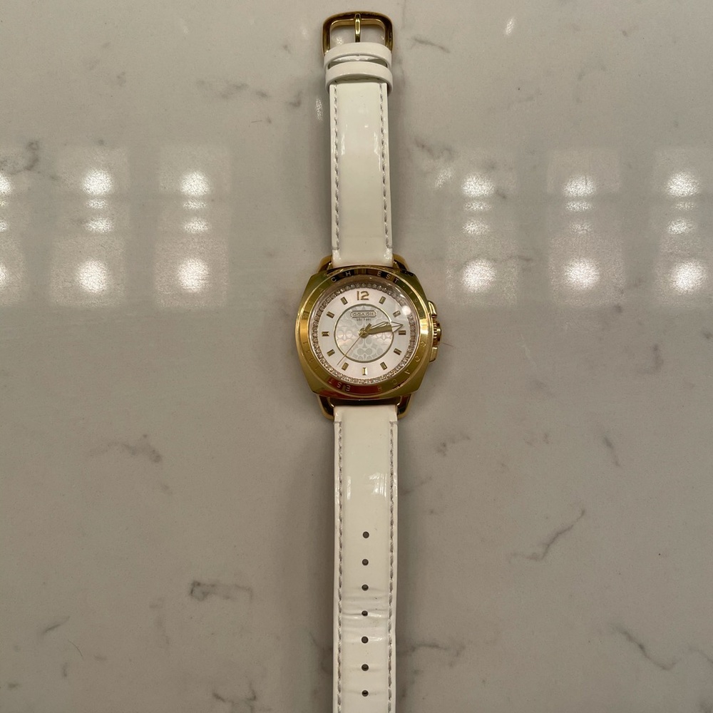 COACH Boyfriend Gold Watch White Leather Straps